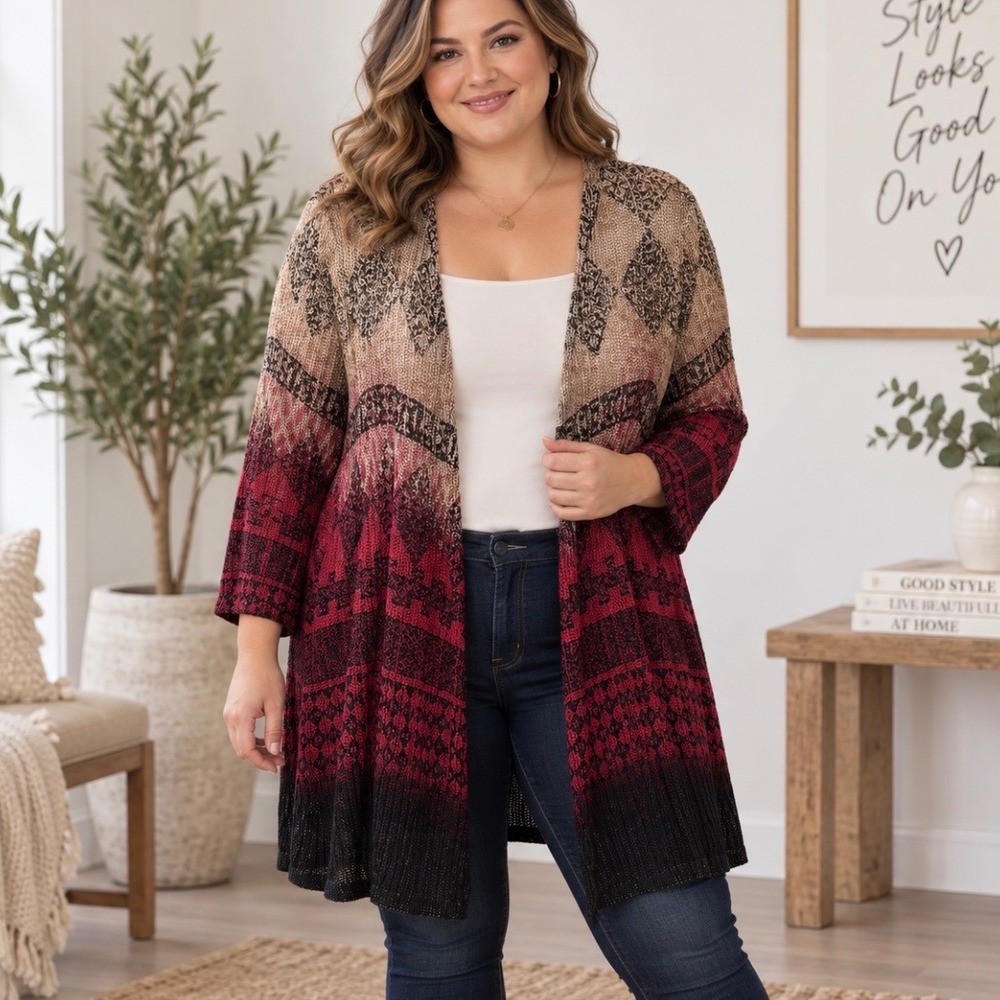 Catherines Red Tan Black Ombre Open Front Topper Cardigan 1X 18/20W Southwestern